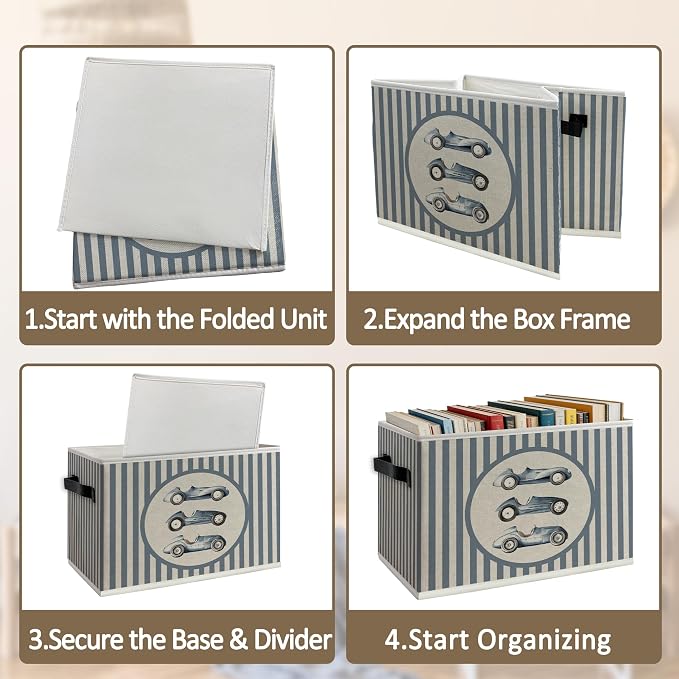 Race Car Boy Nursery Foldable Storage Bins Box with Handles, Blue Striped Race Car Collapsible Organizer Basket for Boys Toddler Kids Bedroom Bathroom Playroom Clothes Books