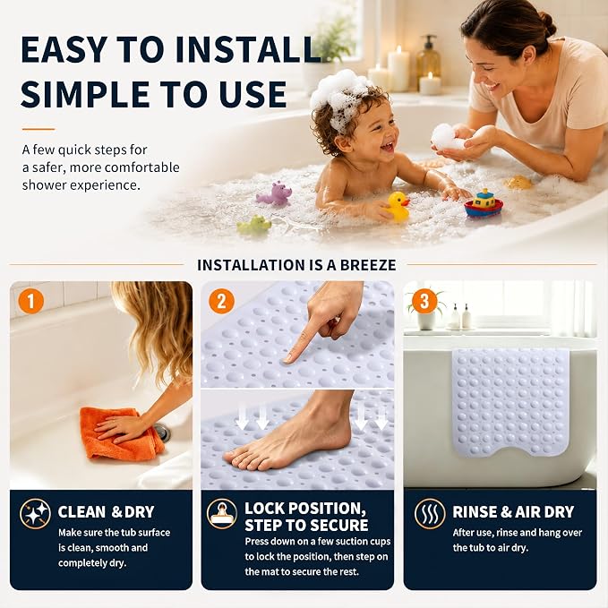 Yimobra Non Slip Bathtub Mat 40 x 16 Inch, Extra Long Shower Mat with Drain Holes, Machine Washable Baby Bath Mats, Strong Suction Cups for Bathroom Floor, White