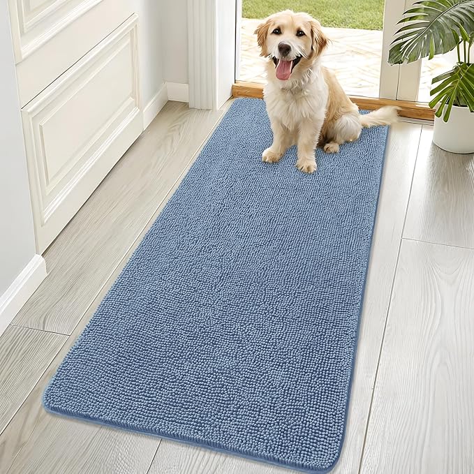 OLANLY Dog Door Mat for Muddy Paws 70x32, Absorbs Moisture and Dirt, Absorbent Non-Slip Washable Doormat, Quick Dry Chenille Mud Mat for Dogs, Entry Indoor Entryway Carpet for Inside Floor, Airy Blue