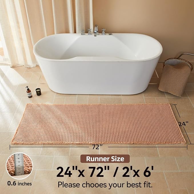 Triohero Waffle Runner Bath Mat - Long Bathroom Rugs Non Slip Washable, Ultra Soft Super Absorbent Quick Dry Boho Farmhouse Bathroom Decor, 24" x 72", Light Peachy