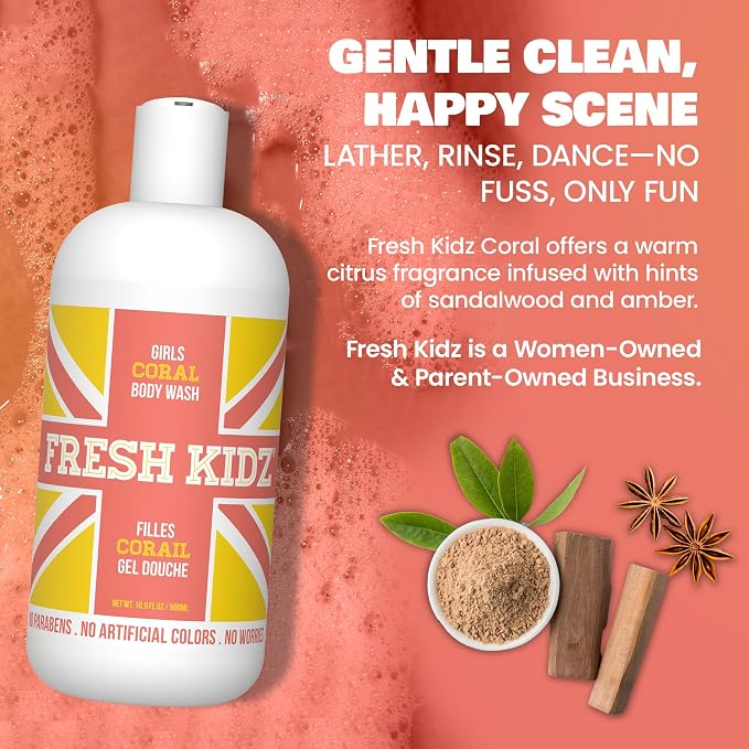 Fresh Kidz Body Wash for Kids and Teens - Gentle Bath and Shower Cleanser for All Skin Types - Girls Coral, 16.9 Fl.Oz.