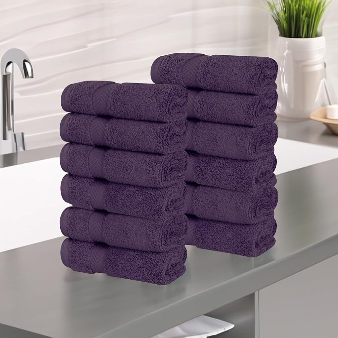 Superior Cotton Face Towel/Washcloth Set, Small Facial Towels, Spa, Hotel, Guest, Home, Bathroom Basics, Plush Soft Absorbent, Luxury Quick Drying, Zero Twist Collection, Set of 12, Grape Seed
