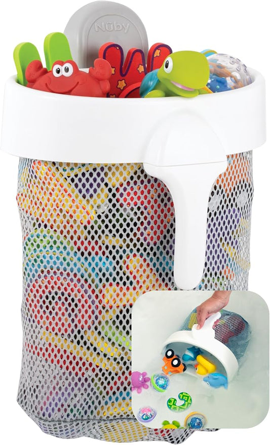 Nuby Mesh Toy Caddy - Bath Toy Storage Organizer with Detachable Suction Hanger - Handle for Easy Scooping - Durable, Quick-Dry Mesh