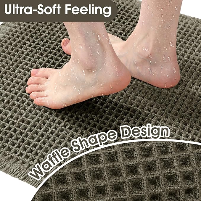 Extra Large Waffle Bath Mat, 6'x2' Greyish Green, Super Absorbent Non-Slip Quick Dry Bathroom Rugs with Tassels, Machine Washable Ultra Soft Boho Bath Rugs for Floor, Toilet Mats Boho Farmhouse Decor