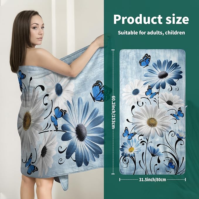 Daisy Floral Fleece Bath Towel Premium Microfiber Oversized Towels for Bathroom Men Women