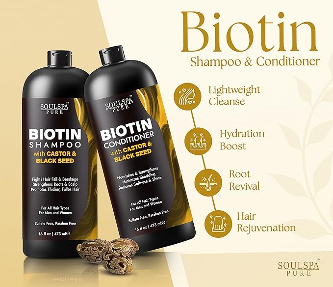 SOULSPA PURE Castor Oil & Black Seed Biotin Shampoo and Conditioner Set - Sulfate Free Nourishing Formula for Thinning Hair & Dry Scalp - Deep Moisture for Men & Women - 16 fl oz Each