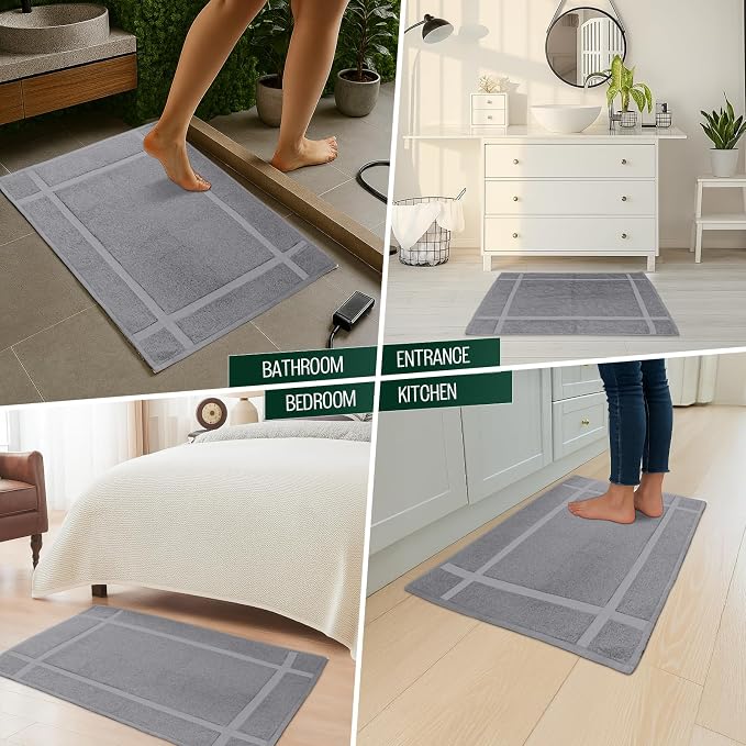 Pearl Linens 100% Ring Spun Cotton Bath Mat (Pack of 2) 18 x 25 Inch, Washable, Soft & Absorbent Terry Bathroom Floor Mat – Not Bathroom Rugs – Quick-Dry After Shower Bath Mat, 781 GSM, Light Grey