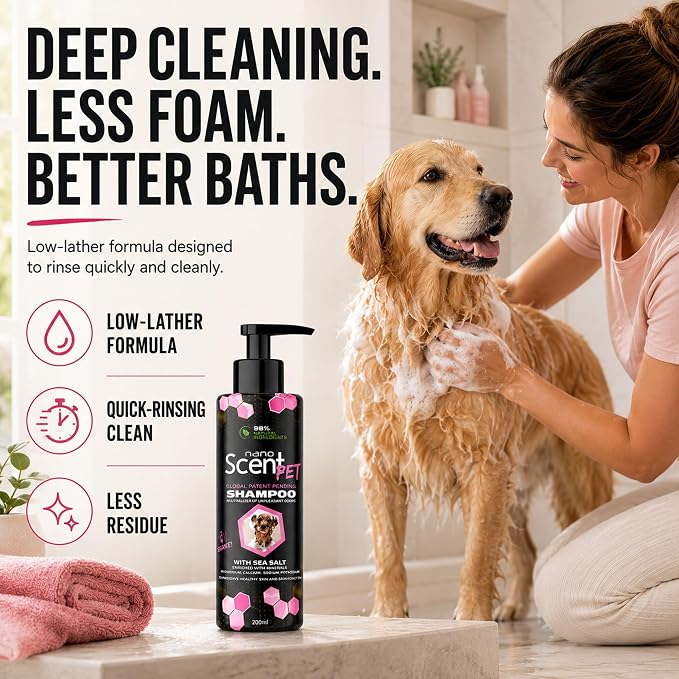 Pet Shampoo for Dogs & Cats, Deep Cleansing Coat Care & Lasting Freshness | Baby Powder scent, nanoSCENT Technology, 98% natural ingredients, quick-rinse formula for softer, healthier-looking coats