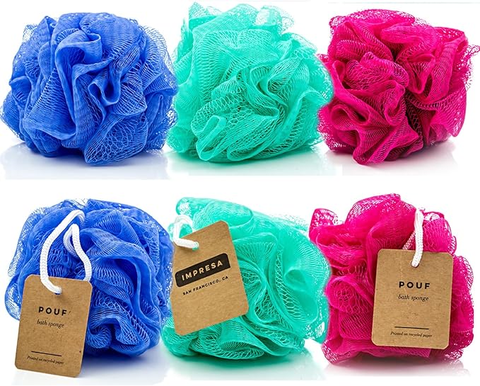 IMPRESA Mesh Bath & Shower Loofah Sponges - 5-Inch - Pack of 6 Gentle Exfoliating Body Scrubber & Bath Pouf - Home & Travel Loofah Pack - Durable Quick-Dry Shower Sponge