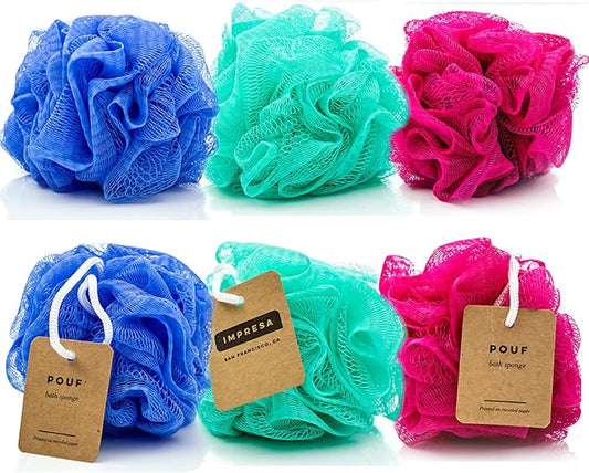 IMPRESA Mesh Bath & Shower Loofah Sponges - 5-Inch - Pack of 6 Gentle Exfoliating Body Scrubber & Bath Pouf - Home & Travel Loofah Pack - Durable Quick-Dry Shower Sponge