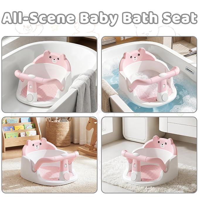 Baby Bath Seat for Babies 6 Months & up Non-Slip Toddler Bath Seats for Sitting Up Infant Bathtub Chair with Suction Cups and Soft Cushion for Baby Shower Tub Seat, Pink