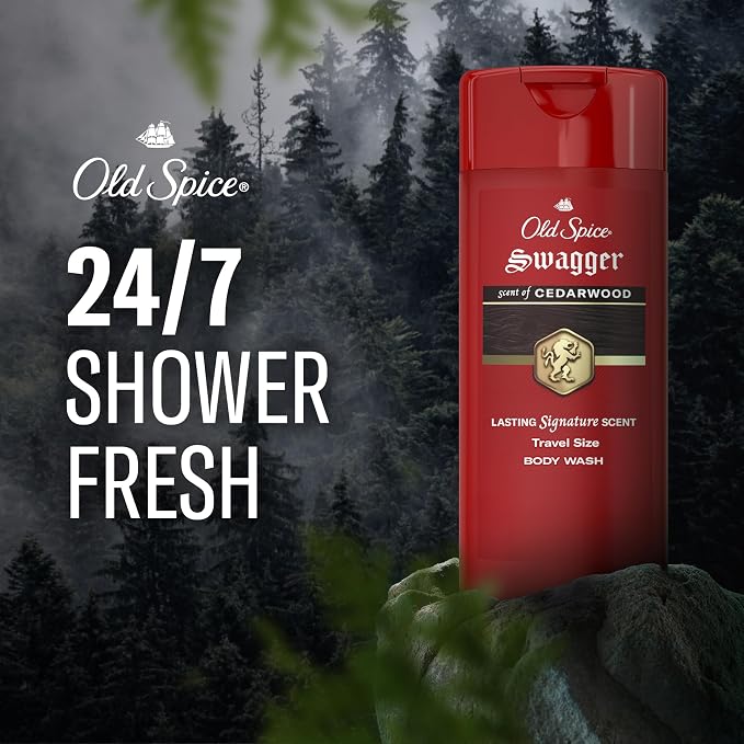 Old Spice Refreshing Body Wash for Men, 3X Defense, 24/7 Shower Fresh with Long Lasting Scent, Travel Size, Red Collection, Swagger with Cedarwood Scent, 3 fl oz