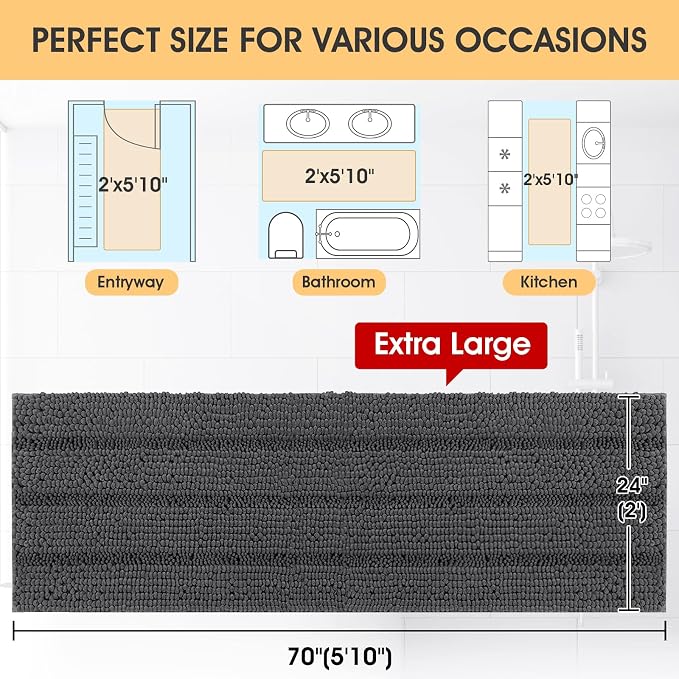 ACCUMTEK Extra Long Striped Grey Bathroom Rug Mat 70"x24" Ultra Soft, Non Slip Chenille Bath Rugs, Absorbent Plush Shaggy Bath Mats for Bathroom, Bedroom, Kitchen, Shower, Tub,Dark Gray, Charcoal