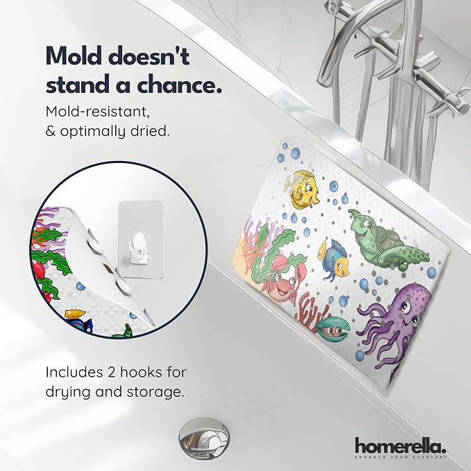 Bath Tub Mat Non Slip Anti Mold for Kids BPA Free INCL Hooks - homerella® Ocean Sea Animals 40x16, Baby Bath Mat Non Slip 200 Suction Cups, Non Toxic Machine Washable Toddler Bath Mat, EU Certified