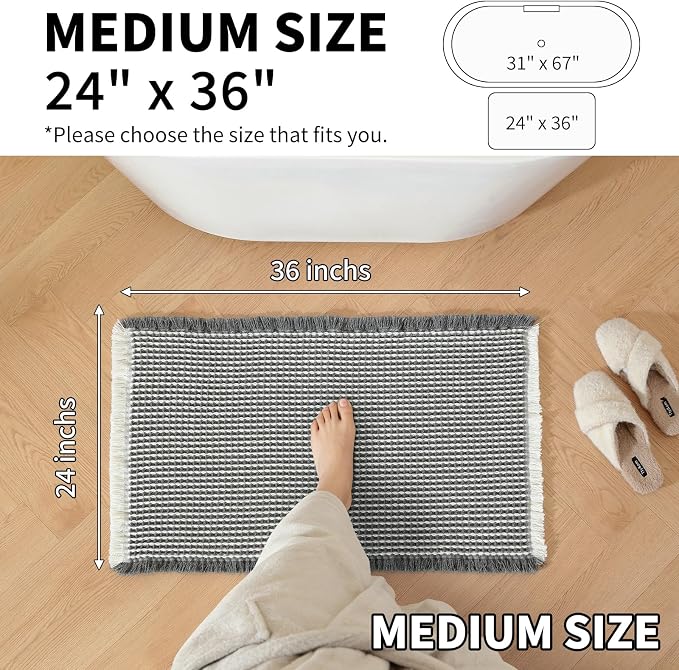 Waffle Bath Mat - Super Water Absorbing Bath Mat Quick Dry, Bathroom Rugs Non Slip Washable, Rubber Backed Bathroom Mat for Bathroom Floor, Tub and Shower, 24" x 36", Dark Grey & White