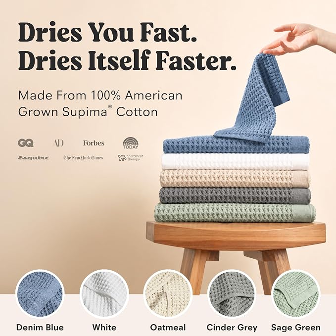 ONSEN Supima® Waffle Hand Towels, Quick Dry Lint Free 100% USA Cotton, Lightweight Absorbent Hand Towel Set, 16x30 in (Oatmeal, Hand Towel 2-Pack)