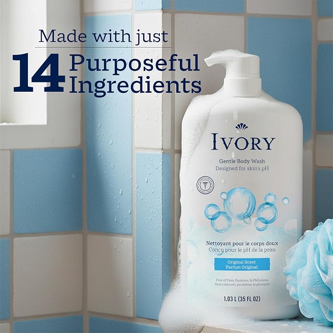 Ivory Body Wash, Designed for the Whole Family, Gentle Formula, Free of Dyes Heavy Perfumes Parabens Phthalates & Silicones, for Sensitive Skin, Designed for Skin's pH, Original Scent, 35 oz