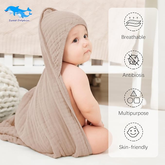 SWEET DOLPHIN Muslin Hooded Baby Bath Towels - 2 Pack 100% Cotton Towel for Babies, Infants, Toddlers - 32x32Inch - Highly Absorbent and Newborn Essential, Ivory and Brown