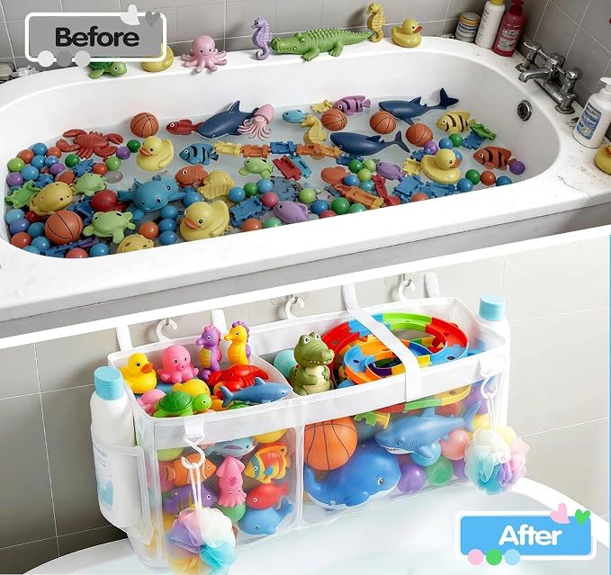 Extra Large Openings Bath Toy Organizer with 2 Compartments and Multiple Pockets, Quick-Dry Mesh Bathtub Toy Storage and Holder for Easy Access and Sorting of Toys(23.6x7.87x6IN)