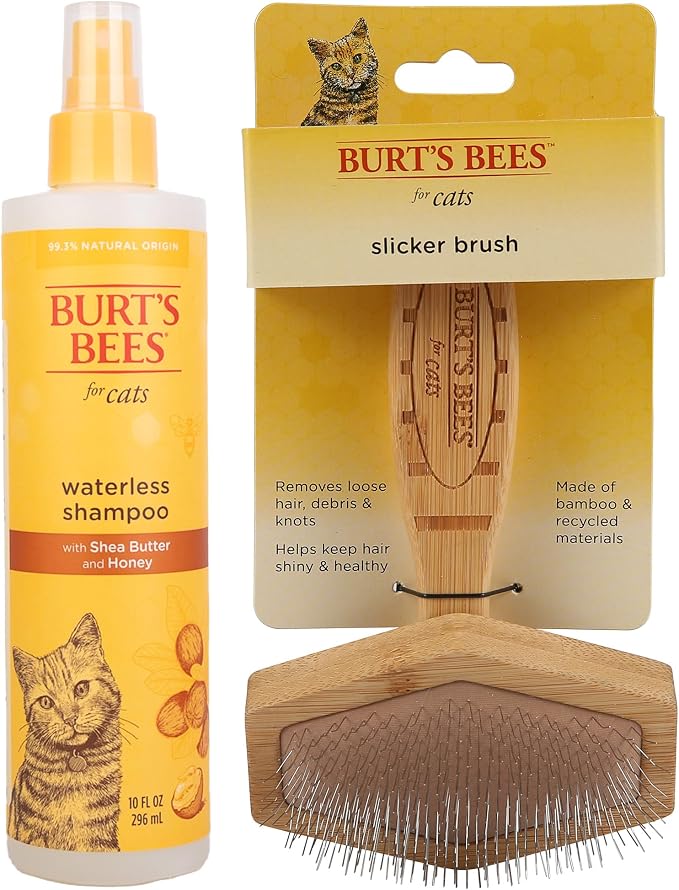 Burt’s Bees for Pets Cat Grooming Bundle: Naturally Derived Waterless Shampoo with Shea Butter and Honey, 10 Oz & Cats Slicker Brush for Removing Loose Fur and Preventing Matting - Easy to Use