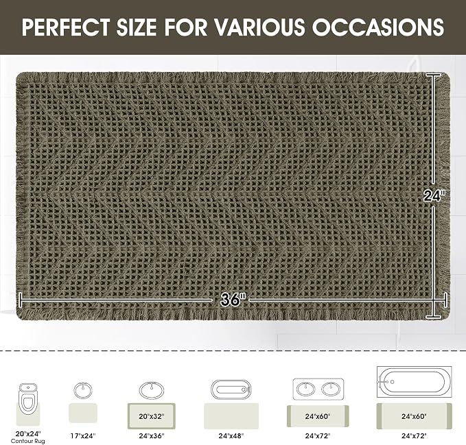 Upgraded Waffle Bath Mat, 36"x24" Greyish Green-Herringbone, Super Absorbent Non-Slip Quick Dry Bathroom Rugs with Tassels, Machine Washable Ultra Soft Boho Bath Rugs, Toilet Mats Boho Farmhouse Decor