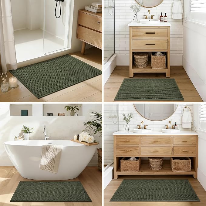 Color&Geometry Rubber Backed Waffle Bath Mat 30x17, Non Slip Water Washable Bathroom Rugs, Soft Absorbent Chenille Boho Carpet for Bathroom Floor, Tub and Shower, Green