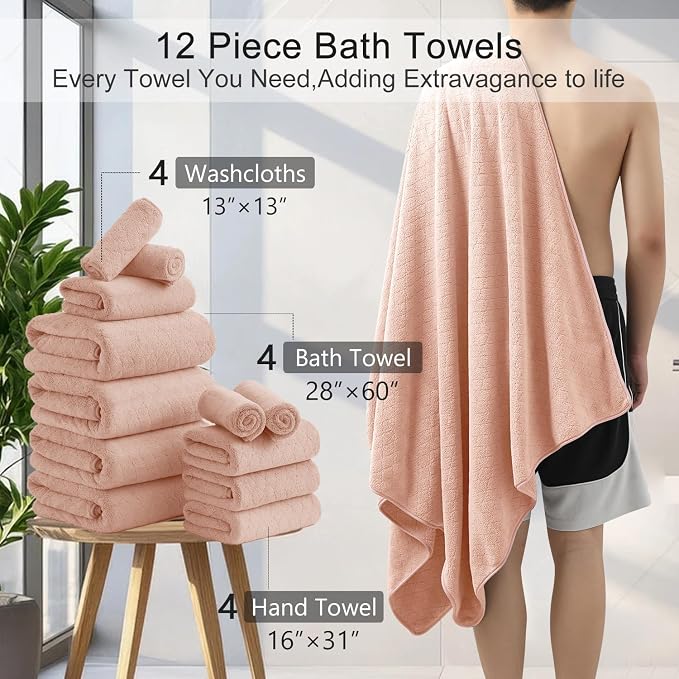 Hailea Luxury Bath Towels Set - 12 Piece (4 Large Bath Towels,4 Hand Towels,4 Washcloths), 100% Microfiber,Extra Absorbent Super Soft & Quick Dry,Complete Family Pack for Bathroom Gym Pool,Orange