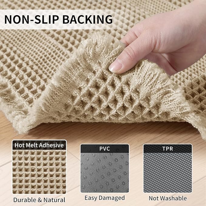 Waffle Bath Mat - Super Water Absorbing Bath Mat Quick Dry, Bathroom Rugs Non Slip Washable with Tassels, Rubber Backed Bathroom Mat for Bathroom Floor, Tub and Shower, 17" x 24", Brown