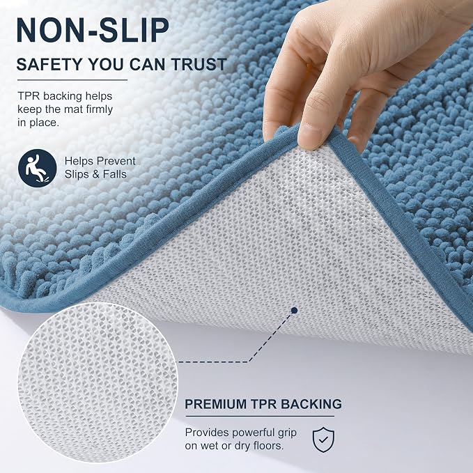 Smiry Thick Chenille Toilet Rugs U-Shaped 24x20, Extra Soft Absorbent Striped Contour Bathroom Rugs, Machine Washable, Dry Quickly, Bath Mat, Airy Blue