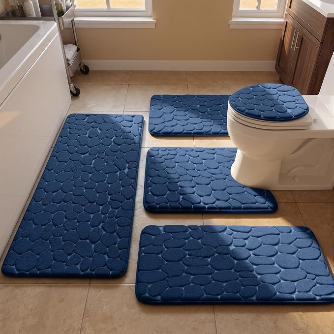 YIHOUSE Bathroom Rugs Mat Set, Memory Foam Bath Mat 5 Piece Navy Blue | Non Slip, Water Absorbent, Washable, Bath Mat For Bathroom, Sink and Toilet