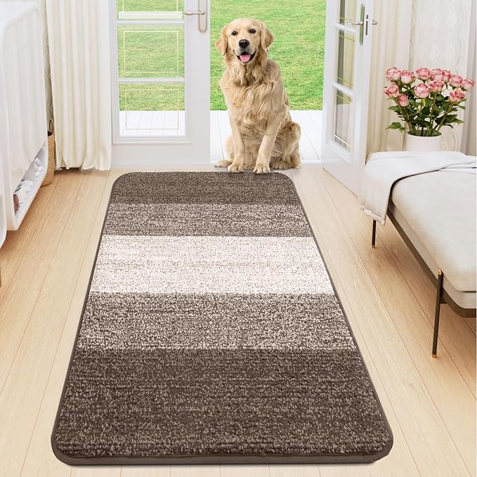 Smiry Dog Door Mat for Muddy Paws, Absorbs Moisture and Dirt, Low-Profile Entryway Mat with Non-Slip Backing, Entry Indoor Outdoor Doormat for Inside Floor (50x30 Inches, Light Brown, Striped)