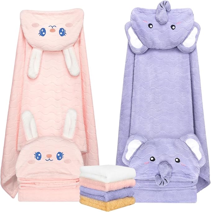 6 PCS Toddler Towels Set for Boy Girl 0-5 Year, 2 PCS Absorbent Hooded Baby Bath Towels Large 55" x 27.5" & 4 PCS Washcloths, Ultra Soft Toddler Newborn Bath Essentials Gifts, Rabbit & Elephant