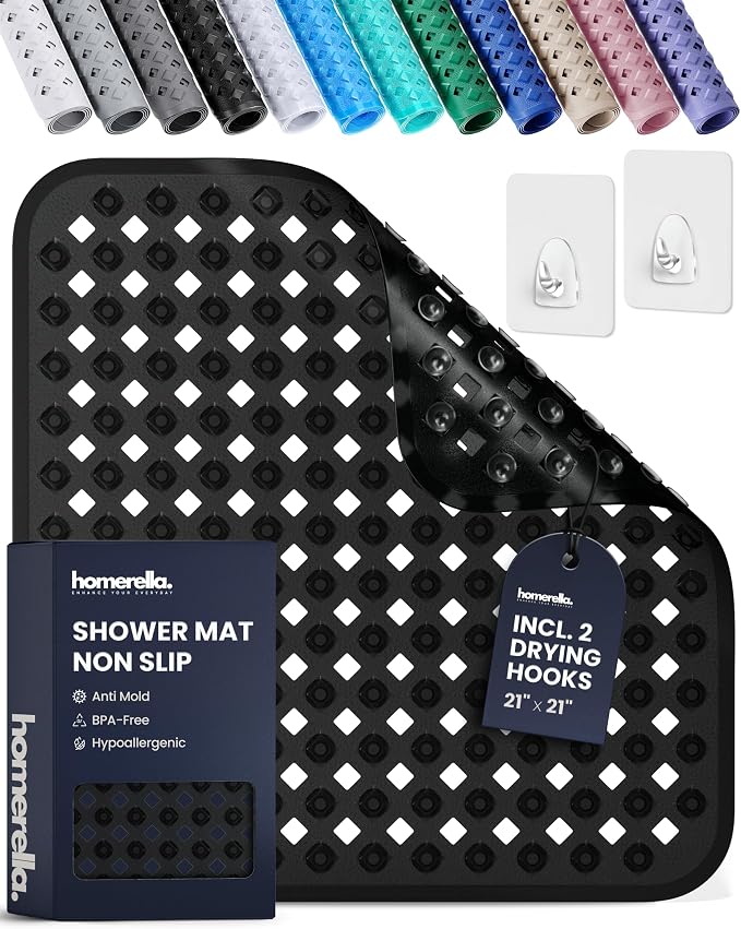 homerella® Shower Mat Non Slip Anti Mold, Non Slip Shower Mats for Inside Shower Stall Anti Slip Mat, Square Shower Floor Mat 21 x 21 in with Suction Cups & Hooks for Quick Drying, Machine Washable
