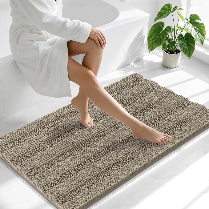 Smiry Thick Chenille Bathroom Runner Rugs 44x24, Extra Absorbent Striped Bath Mat, Machine Washable, Rubber Backing, Long Bath Rugs for Bathroom, Tub & Shower, Home Decor Accessories, Warm Taupe
