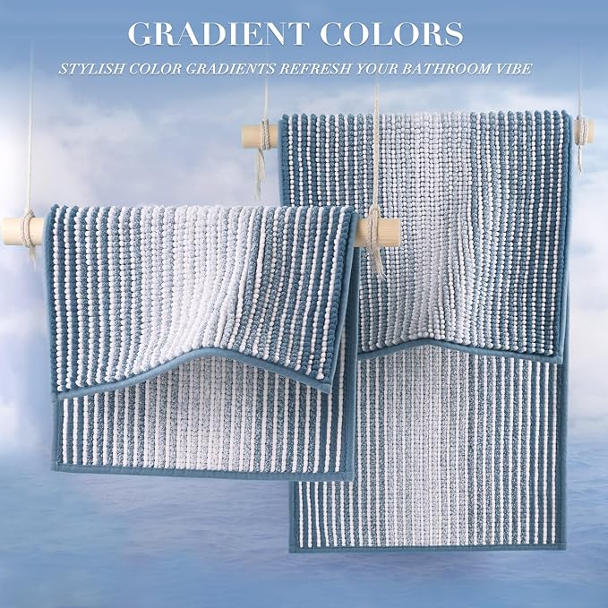 BSICPRO Bathroom Rugs and Mats Sets, 2 Piece Thick Absorbent Chenille Bath Mat Rug Set Non Slip, Soft Shaggy Bath Room Floor Mats for Bathroom, Machine Washable (Fog Blue, 20" x 47" Plus 20" x 32")