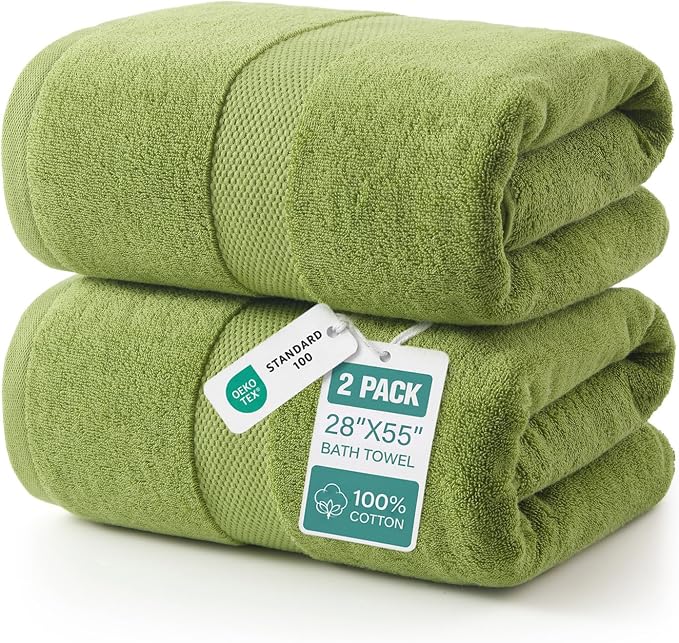 ecolook 2 Pack 100% Cotton Bath Towels, 28 x 55 Inches, Soft | Lightweight, Highly Absorbent & Quick Dry Body Towels for Bathroom, Shower, Gym & Daily Use, Green