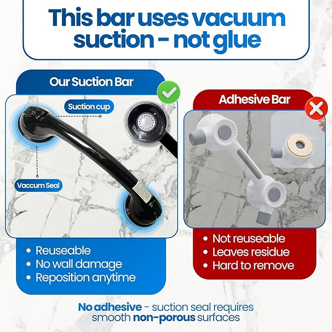 Safe-er-Grip Changing Lifestyles Suction Cup Shower Grab Bar 16 Inch Safety Assist Handle for Bathtub and Shower No Drill Portable Balance Support Non Slip Grip Black