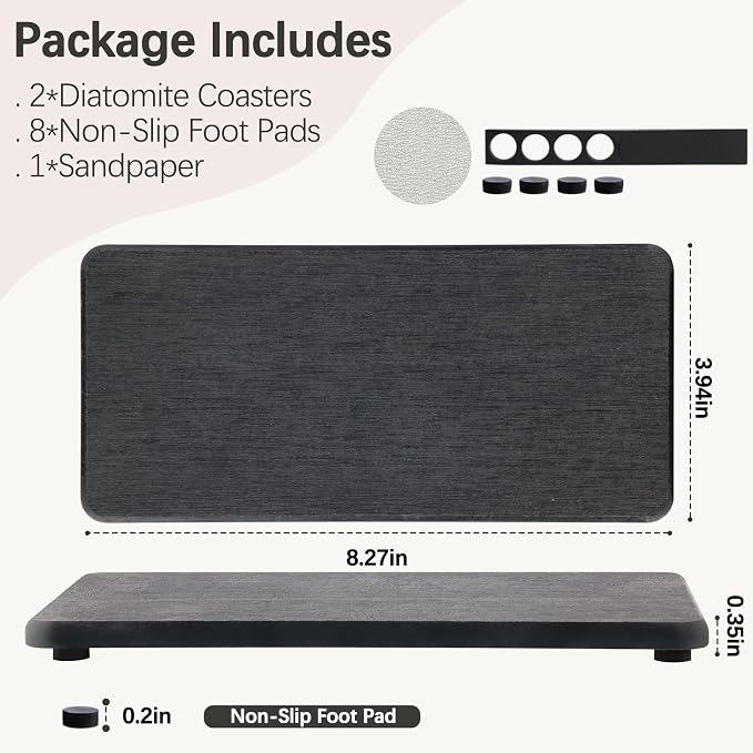 NiuYichee 2 Pcs Water Absorbing Stone Trays, Kitchen/Bathroom Sink Soap Dish, Diatomite Tray Used for Hand Soap & Cosmetic Bottles in The Modern Home, 4" W x 8.3" L, Dark Gray