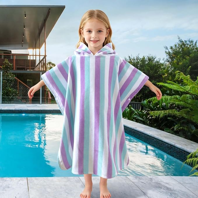 VOOVA & MOVAS Poncho Towels for Kids (4-6Years), Quick Dry Lightweight Absorbent Cotton Hooded Towel Robe for Pool | Swim | Beach | Bath, Aqua Purple Stripe