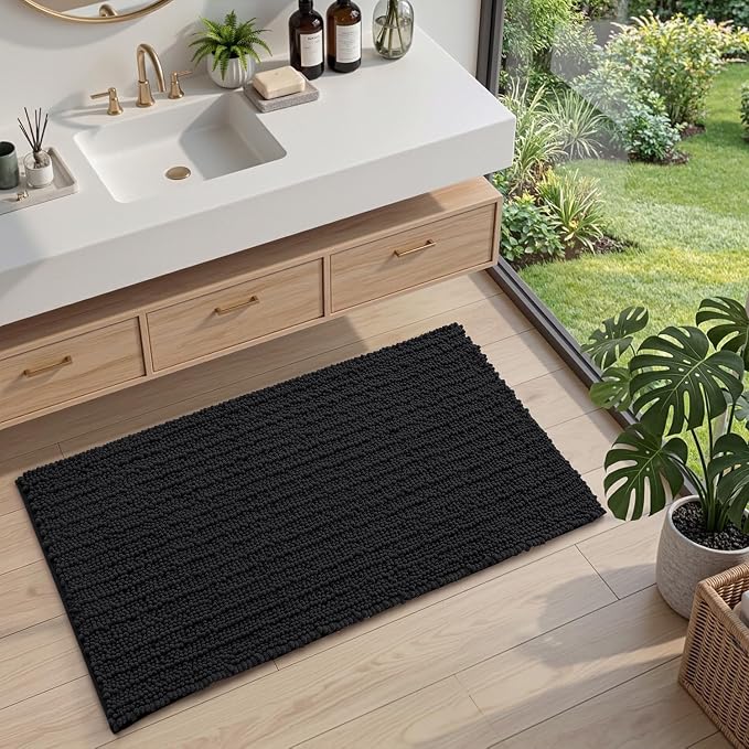 DEXI Bathroom Rugs 36x24, Super Soft Thick Chenille Absorbent Bath Mat, Non Slip Machine Washable Fluffy Shag Bathmat for Tub, Shower Floor, Black