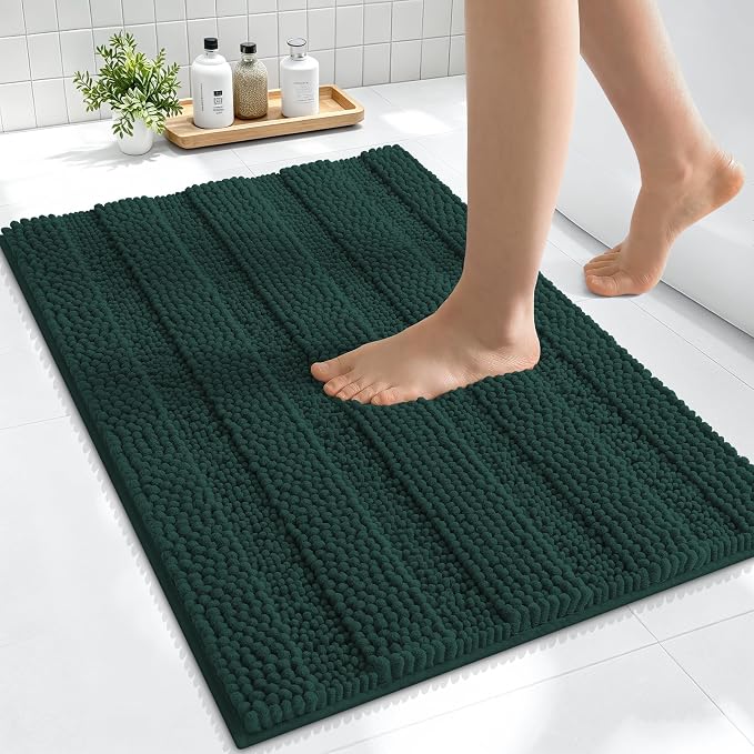 Smiry Thick Small Chenille Bathroom Rugs 24x16, Extra Absorbent Striped Bath Mat, Machine Washable, Rubber Backing, Bath Rugs for Bathroom, Tub & Shower, Home Decor Accessories, Blackish Green