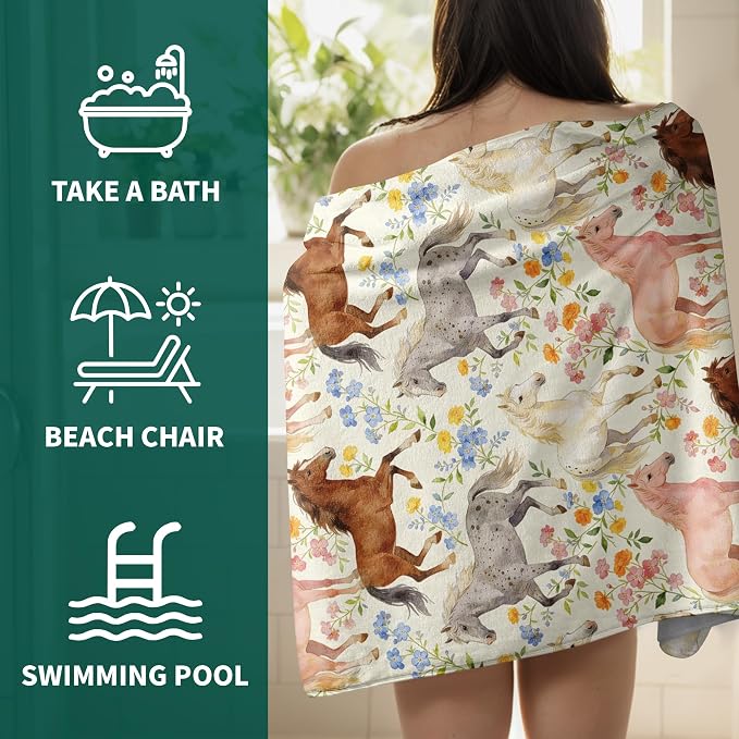 Watercolor Horse Animals Bath Towels Soft Absorbent Oversized Towel for Bathroom Men Women