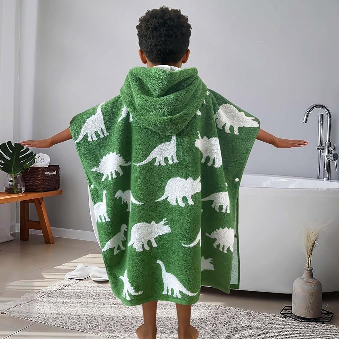 VOOVA & MOVAS Kids Poncho Towels with Hood (4-8Years,28"x28"),Soft Cotton Thick Absorbent Towel Robe for Toddler Boys,Perfect for Bathroom | Pool | Beach | Swimming, Jacquard Green Dinosaur