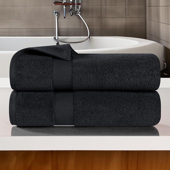 Superior Zero Twist 100% Cotton Bath Towels, Super Soft, Fluffy and Absorbent, Premium Quality Oversized Bath Towel Set of 2, Black