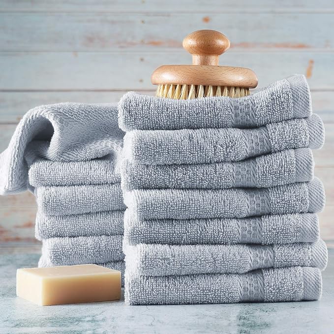 Hearth & Harbor Washcloths 12 Pack - 100% Cotton Washcloth for Body and face, High Absorbent and Soft 13"x13" Body Wash Cloth, Quick Dry - Ice Blue Washcloths