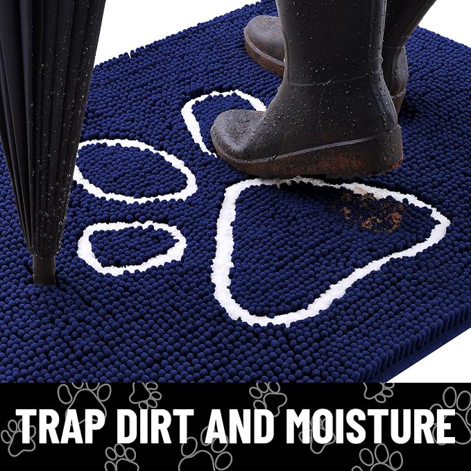 Smiry Dog Door Mat for Muddy Paws, Absorbent Dirt Trapper Non Slip Quick Dry Washable Chenille Mat for Mud Dogs, Entry Rug for Indoor and Outdoor (24x16 Inches, Navy Blue and White)