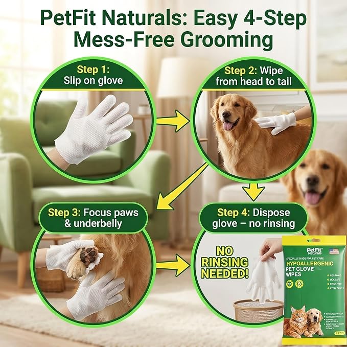 No Rinse Dog Bath Wipes & Cat Grooming Gloves, Extra Thick Waterless Pet Cleaning Mitts for Post-Surgery Recovery, Senior Dogs & Travel, Hypoallergenic Deodorizing - 6 Pack