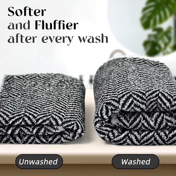 Cleanbear Black Hand Towels for Bathroom, 2 Pack Cotton Hand Towels with Herringbone Stripes, Soft Absorbent Quick-Dry, 14 x 29 Inches, Decorative Vintage for Bathroom & Kitchen
