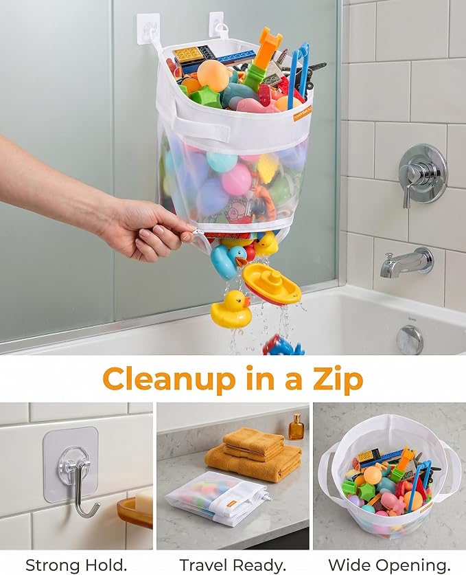 Bath Toy Organizer with Quick Release Zipper, Large Mesh Baby Bath Toy Storage Bag, Wall-Mounted Foldable Bathroom Organizer for Bathtub Toys, Fast Drying Holder with Adhesive Hooks