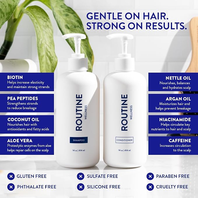 Routine Wellness Shampoo & Conditioner Set - Jasmine & Orange Blossom | Clinically tested shampoo for thinning hair with biotin, pea peptides, saw palmetto oil, color safe, sulfate free